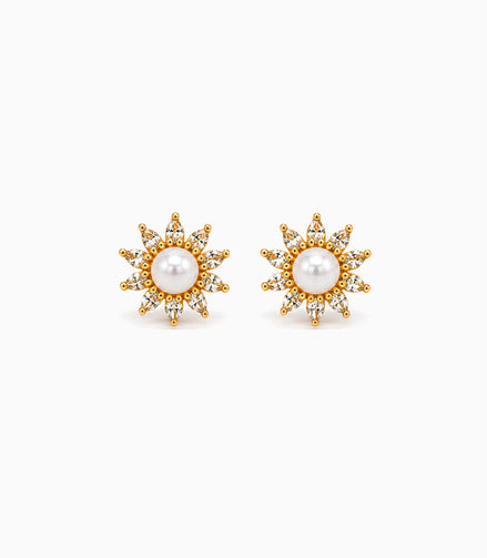 Gold Plated Floral Small AD Pearl Stud Earrings