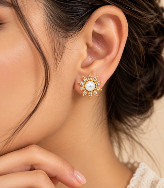 Gold Plated Floral Small AD Pearl Stud Earrings