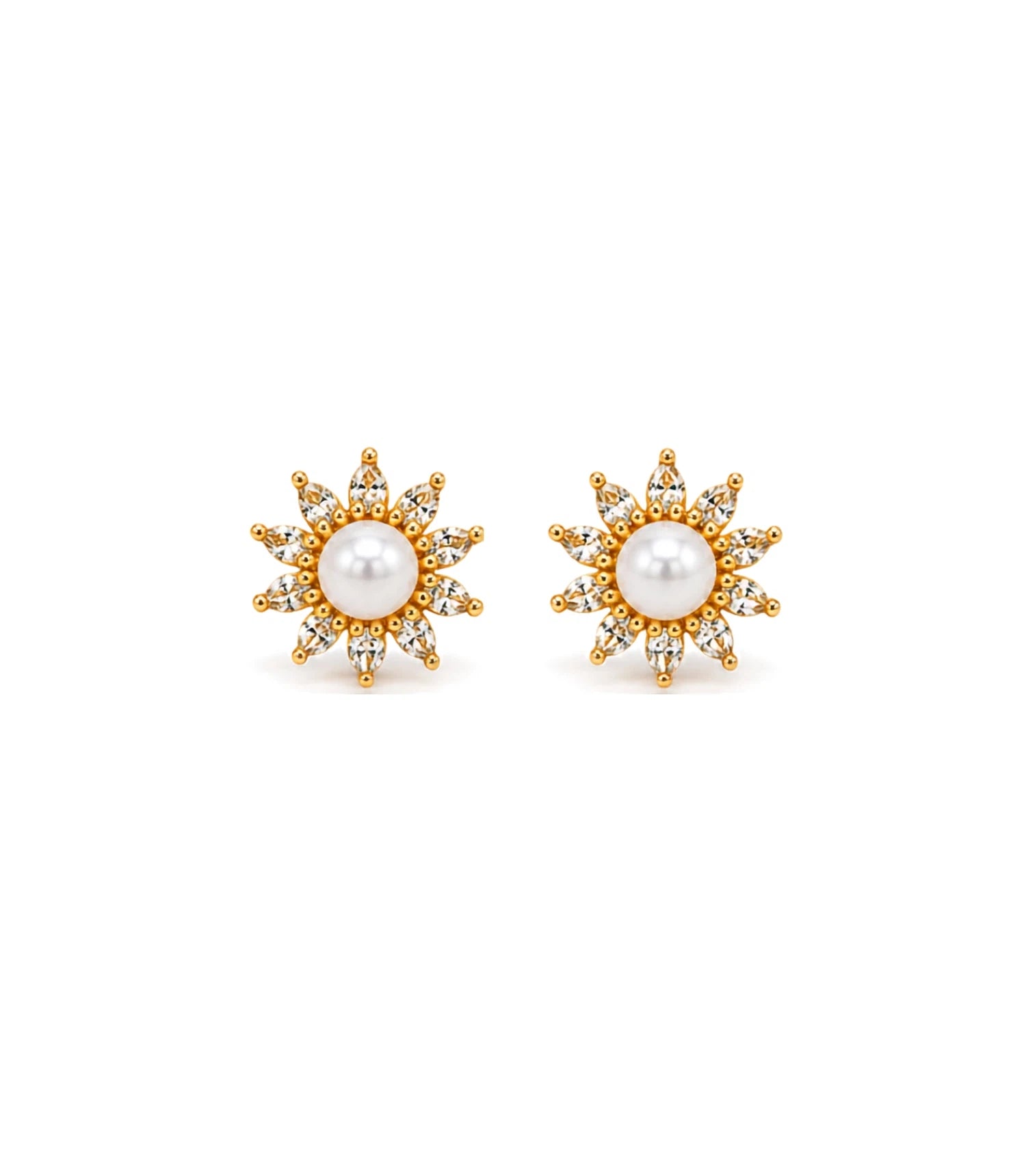Gold Plated Floral Small AD Pearl Stud Earrings