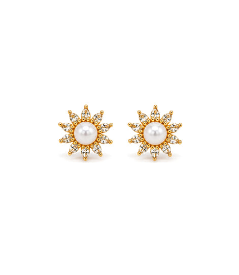 Gold Plated Floral Small AD Pearl Stud Earrings