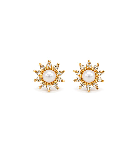 Gold Plated Floral Small AD Pearl Stud Earrings