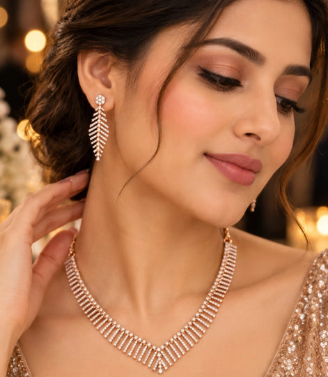 Rose Gold Plated Chevron Feather AD Necklace Set