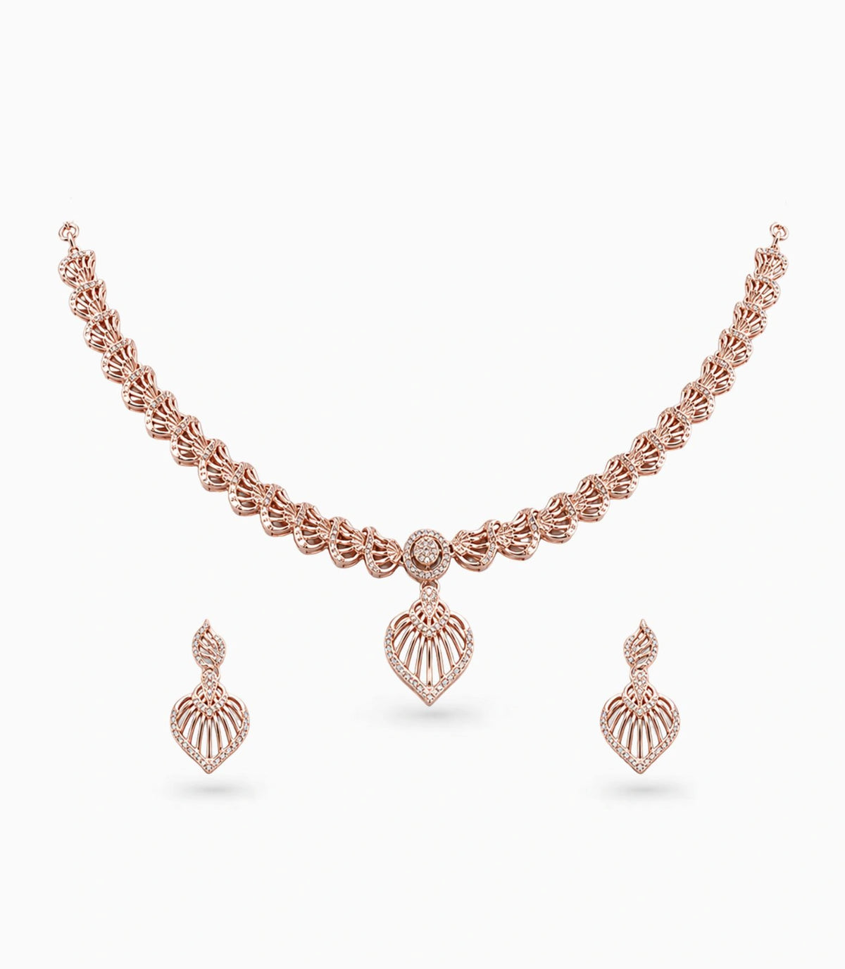 Rose Gold Plated Feathered Heart CZ Necklace Set