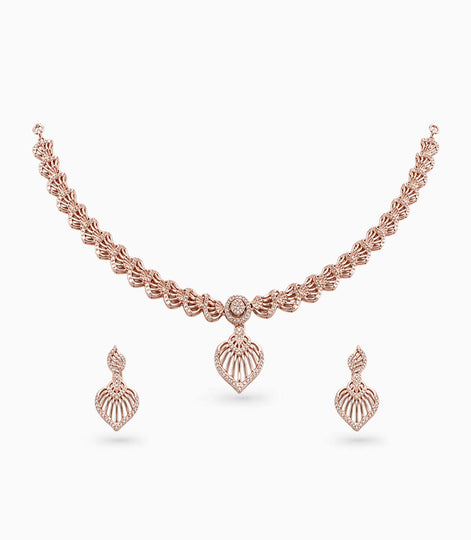 Rose Gold Plated Feathered Heart CZ Necklace Set
