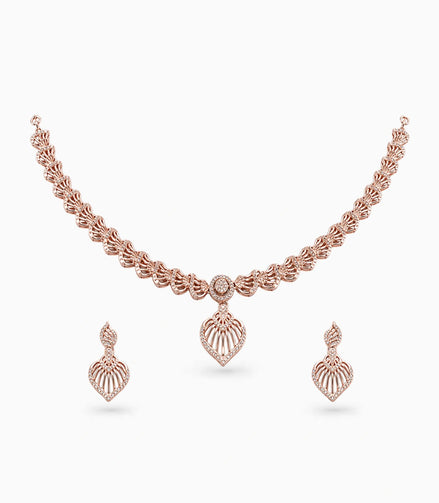 Rose Gold Plated Feathered Heart CZ Necklace Set