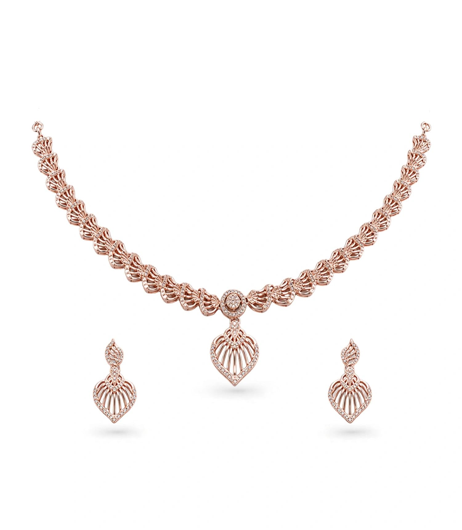 Rose Gold Plated Feathered Heart CZ Necklace Set