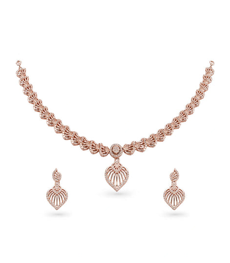 Rose Gold Plated Feathered Heart CZ Necklace Set