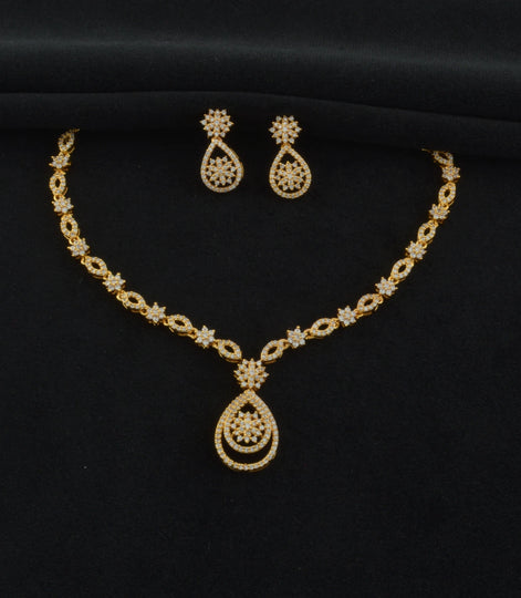 Gold Plated Sparkling Floral AD Necklace Set