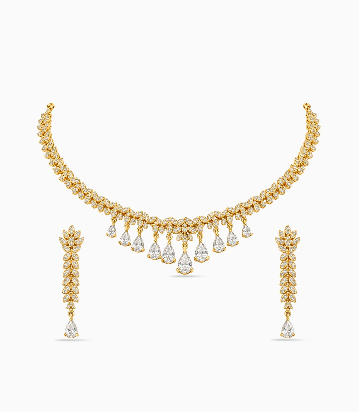 Gold Plated Sparkling Leaf AD Necklace Set