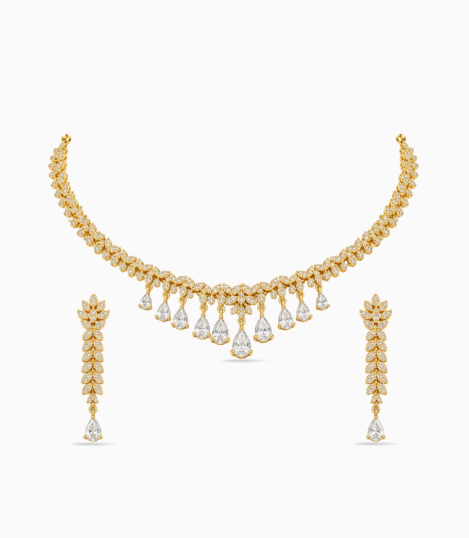 Gold Plated Sparkling Leaf AD Necklace Set
