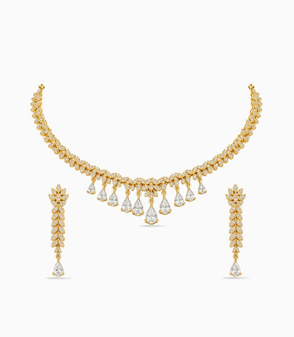 Gold Plated Sparkling Leaf AD Necklace Set