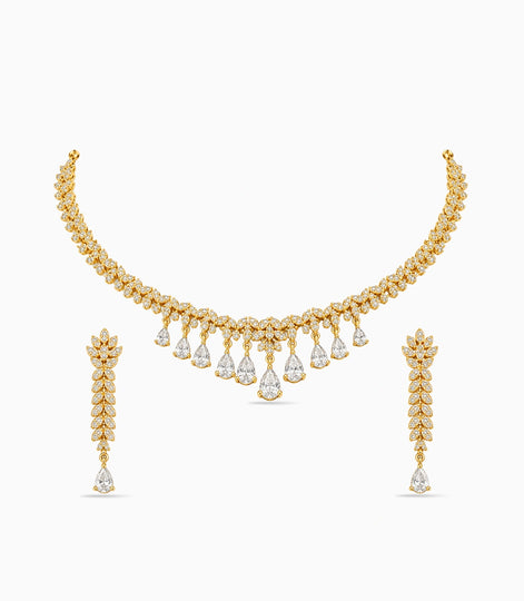 Gold Plated Sparkling Leaf AD Necklace Set
