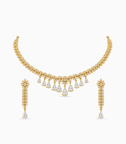 Gold Plated Sparkling Leaf AD Necklace Set