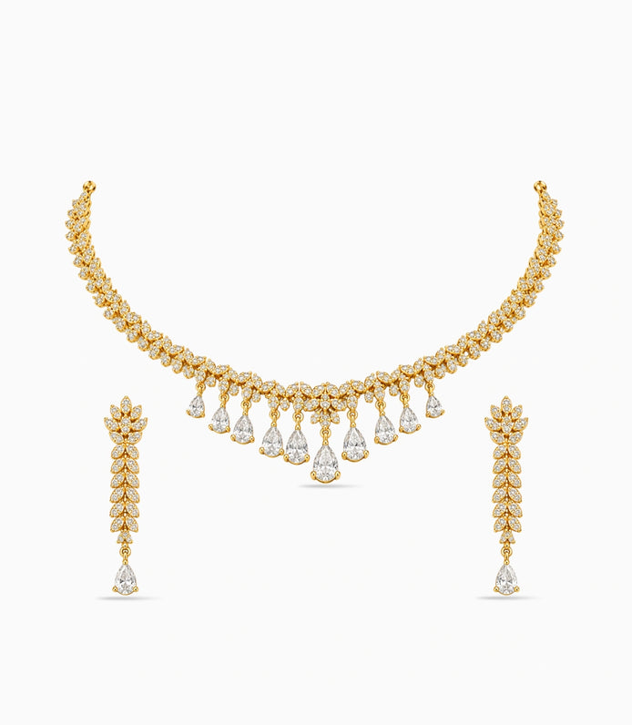 Gold Plated Sparkling Leaf AD Necklace Set