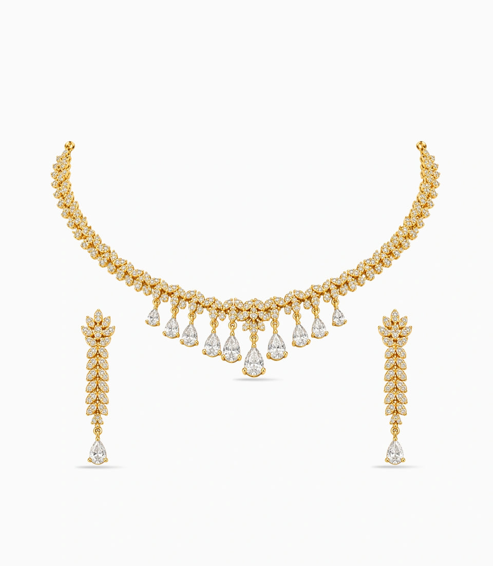 Gold Plated Sparkling Leaf AD Necklace Set