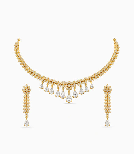 Gold Plated Sparkling Leaf AD Necklace Set