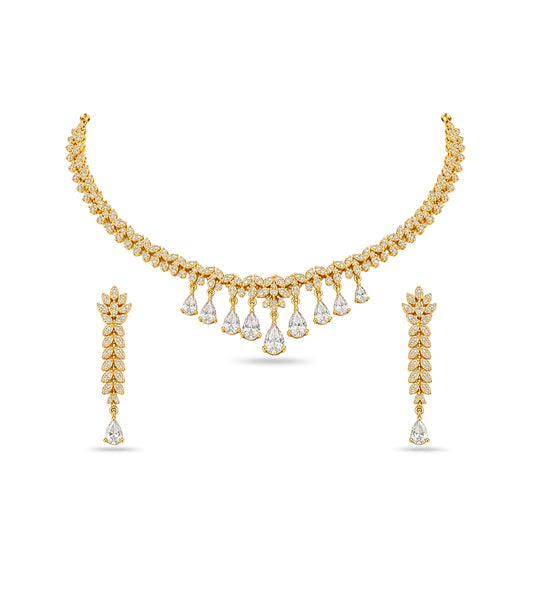 Gold Plated Sparkling Leaf AD Necklace Set
