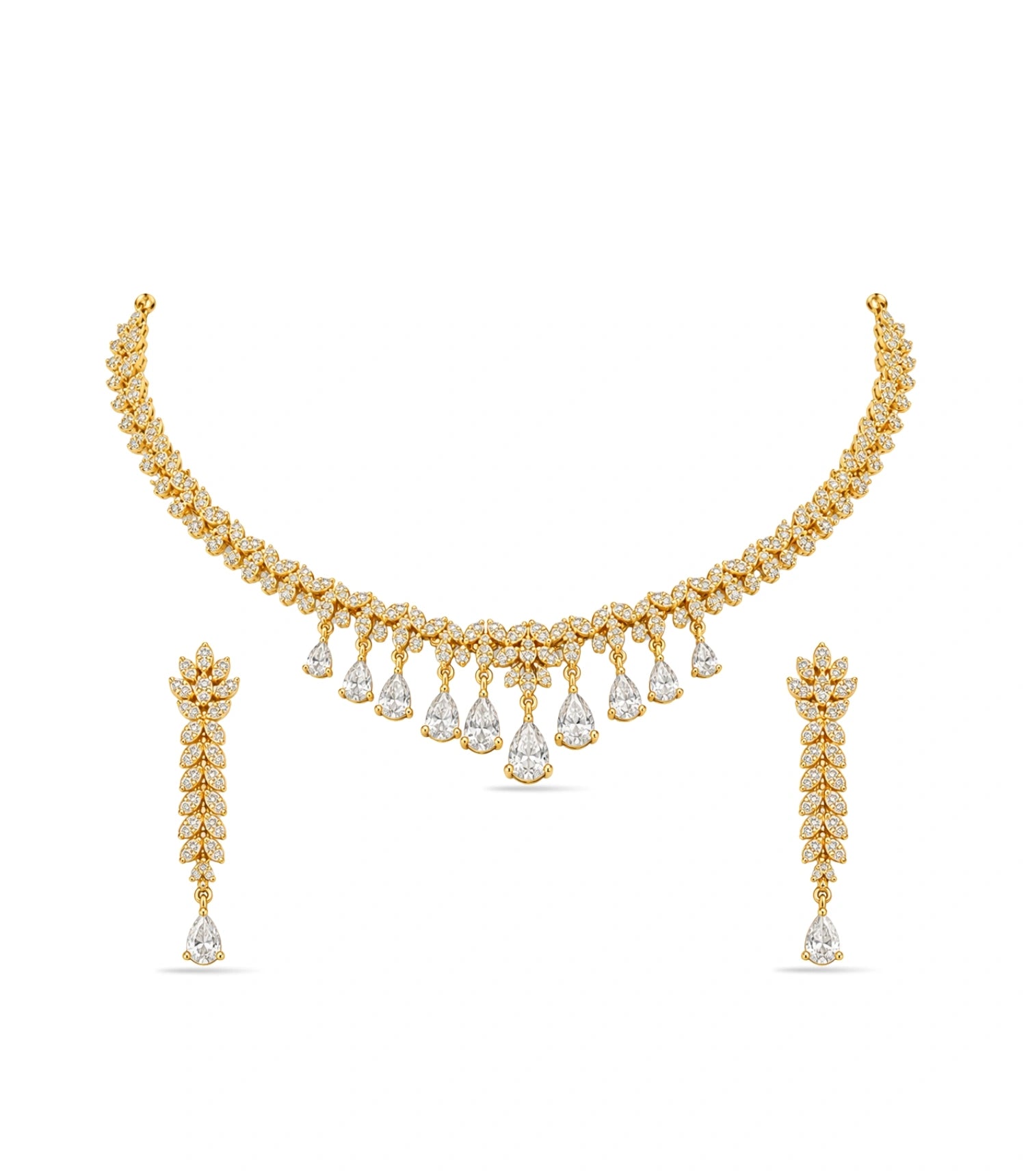Gold Plated Sparkling Leaf AD Necklace Set