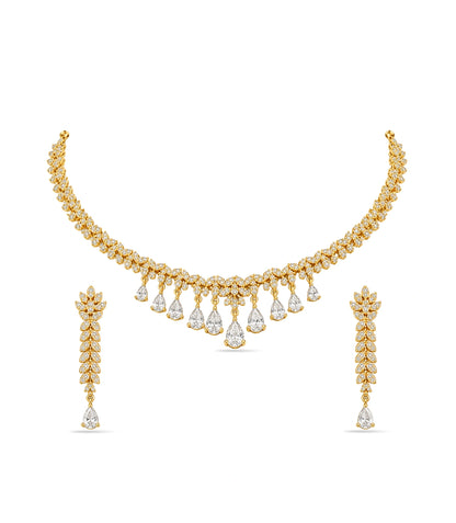 Gold Plated Sparkling Leaf AD Necklace Set