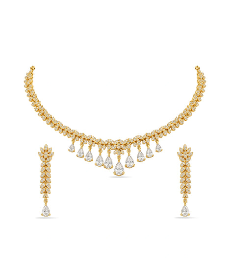 Gold Plated Sparkling Leaf AD Necklace Set