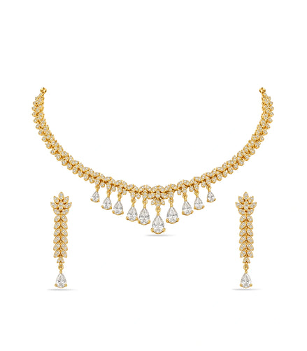 Gold Plated Sparkling Leaf AD Necklace Set