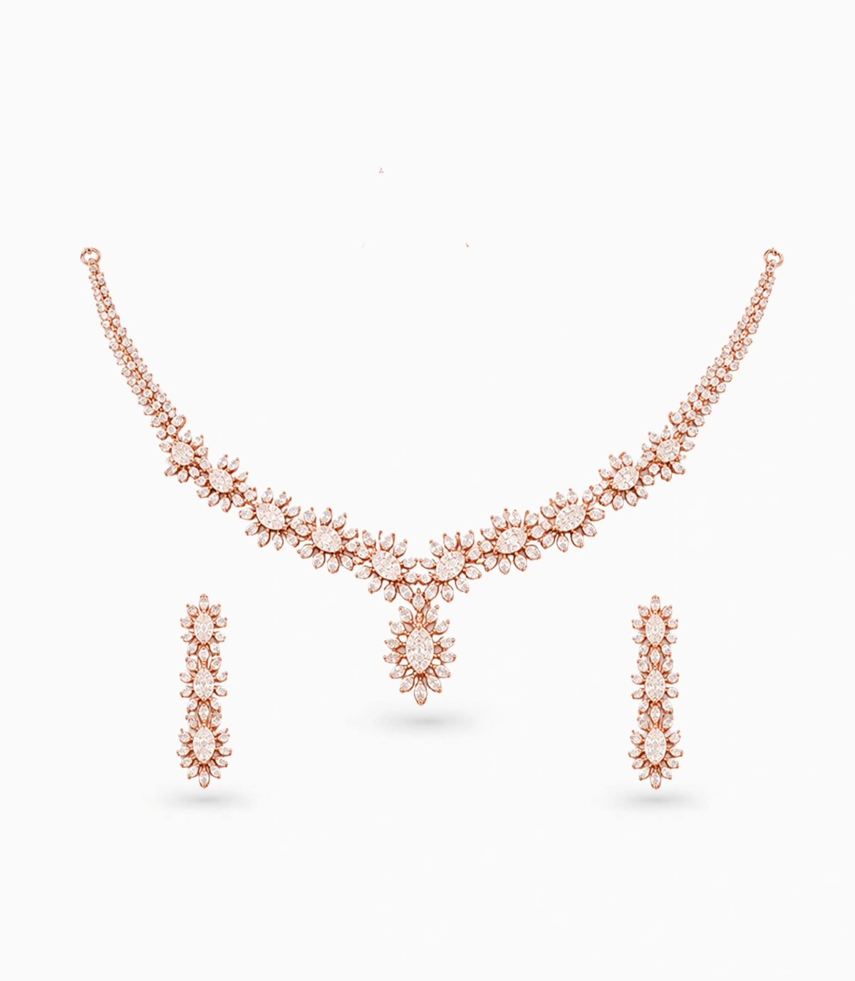 Rose Gold Plated Floral Cascade CZ Necklace Set