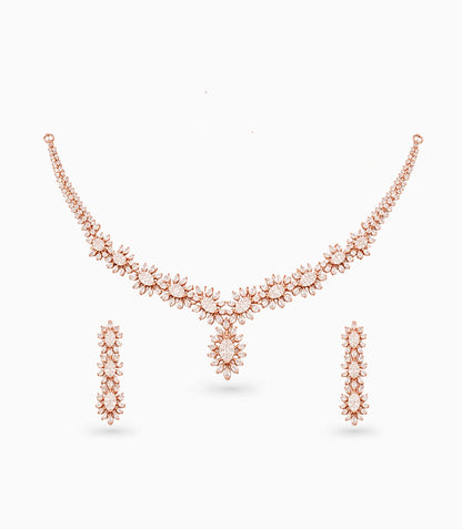 Rose Gold Plated Floral Cascade CZ Necklace Set
