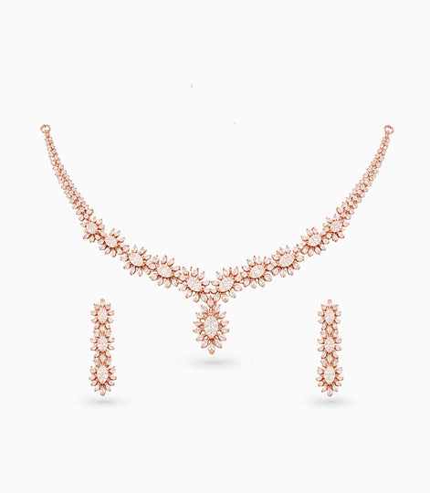 Rose Gold Plated Floral Cascade CZ Necklace Set