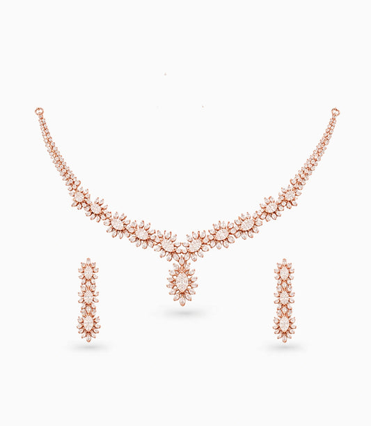 Rose Gold Plated Floral Cascade CZ Necklace Set