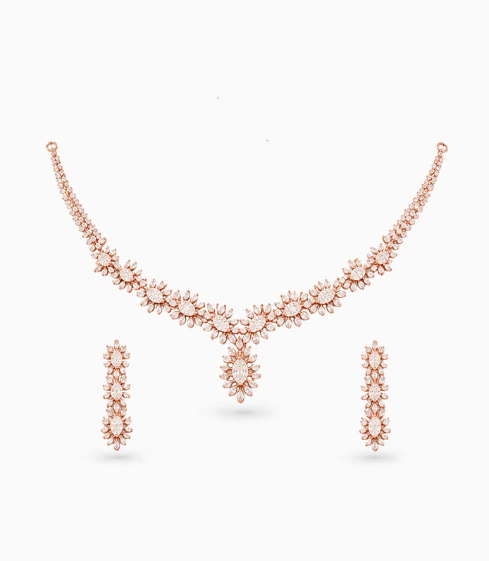 Rose Gold Plated Floral Cascade CZ Necklace Set