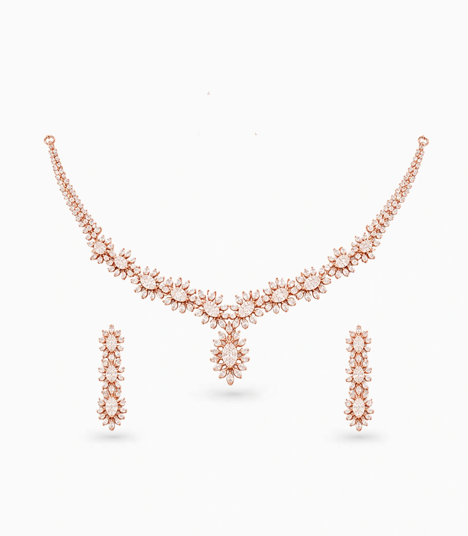 Rose Gold Plated Floral Cascade CZ Necklace Set