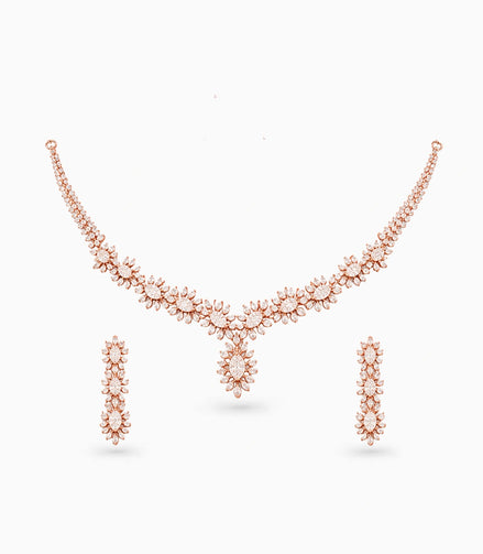 Rose Gold Plated Floral Cascade CZ Necklace Set