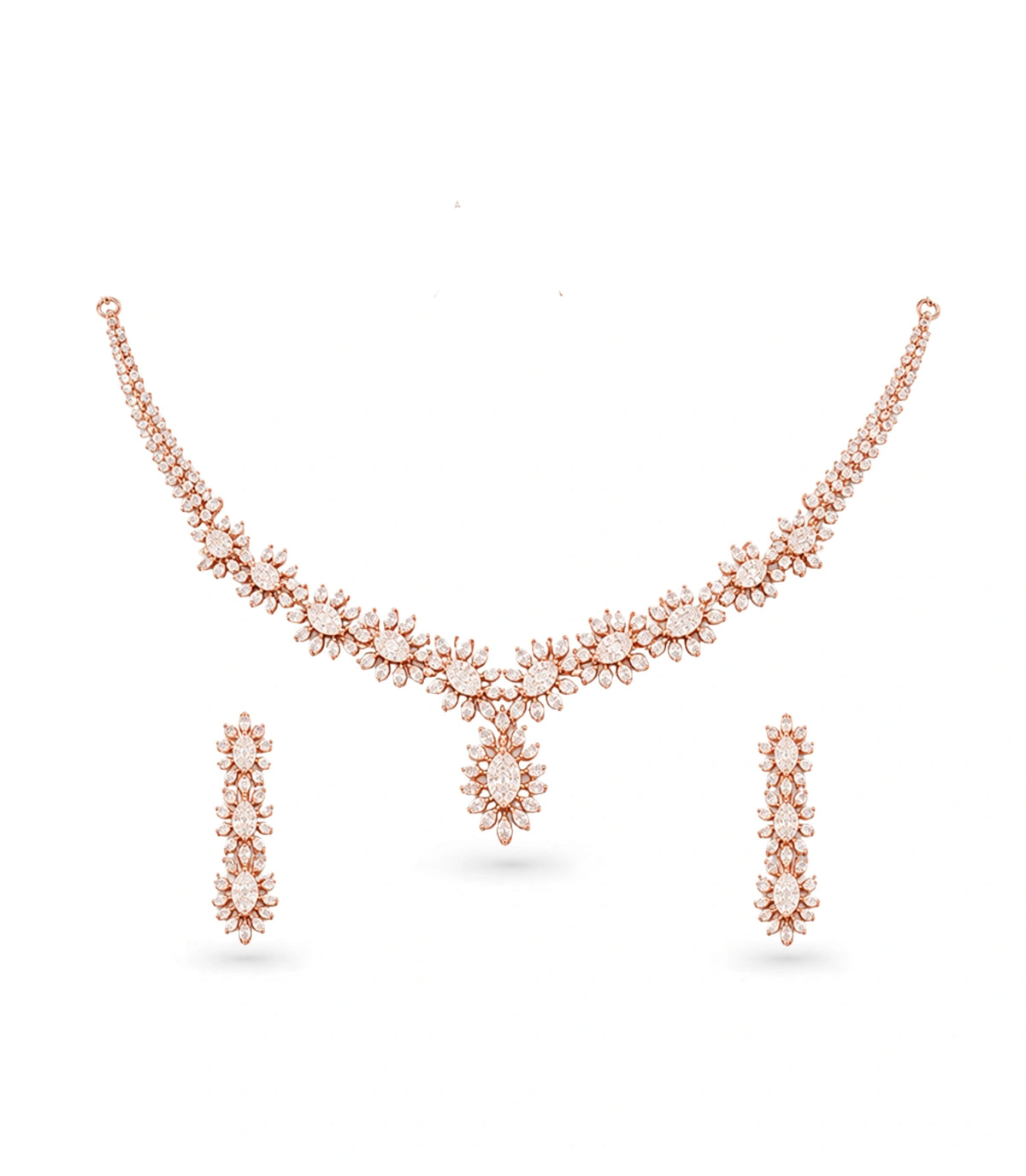 Rose Gold Plated Floral Cascade CZ Necklace Set