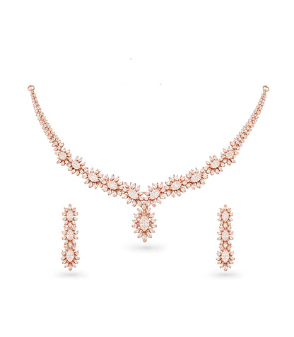 Rose Gold Plated Floral Cascade CZ Necklace Set