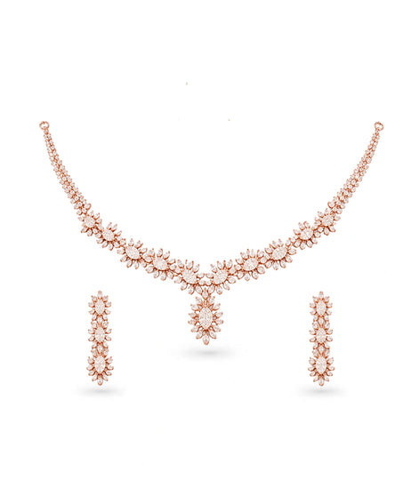 Rose Gold Plated Floral Cascade CZ Necklace Set