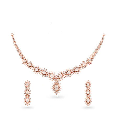 Rose Gold Plated Floral Cascade CZ Necklace Set
