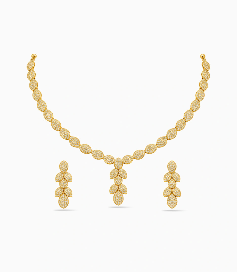 Gold Plated Leaf Cluster AD Necklace Set