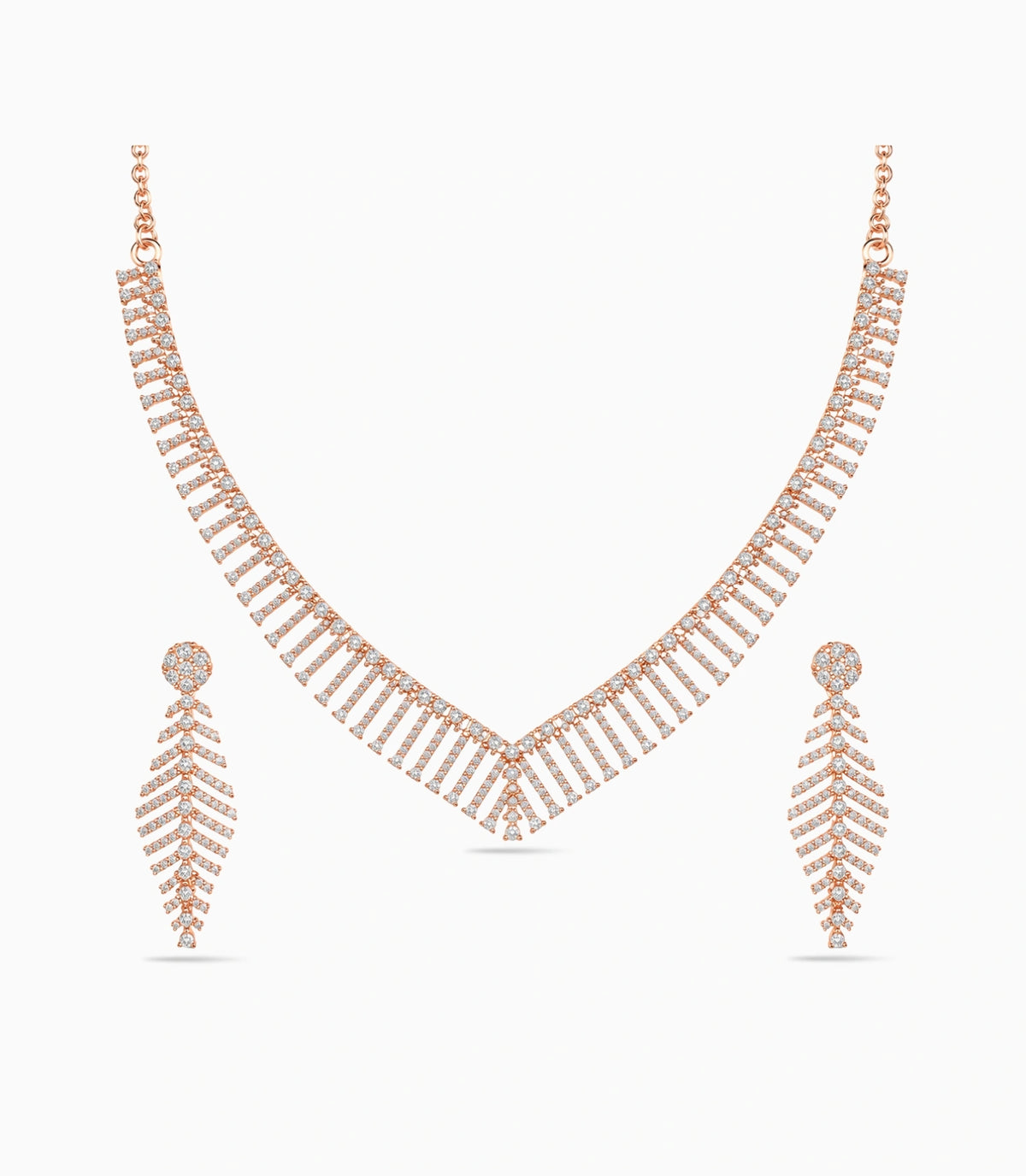 Rose Gold Plated Chevron Feather AD Necklace Set