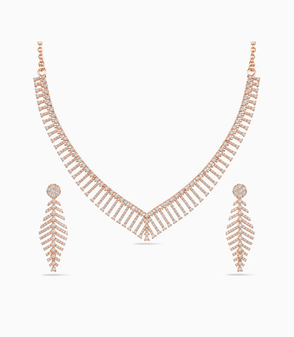 Rose Gold Plated Chevron Feather AD Necklace Set