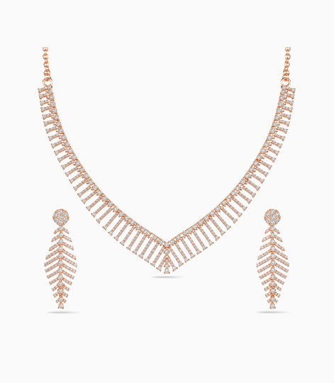 Rose Gold Plated Chevron Feather AD Necklace Set