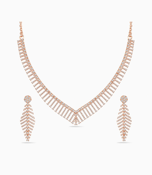 Rose Gold Plated Chevron Feather AD Necklace Set