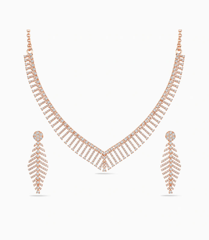 Rose Gold Plated Chevron Feather AD Necklace Set