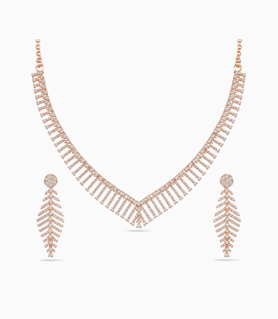 Rose Gold Plated Chevron Feather AD Necklace Set