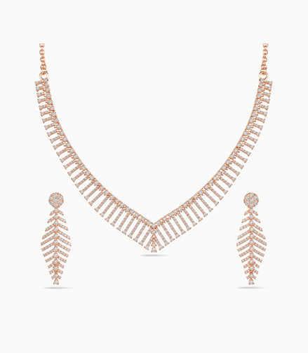 Rose Gold Plated Chevron Feather AD Necklace Set