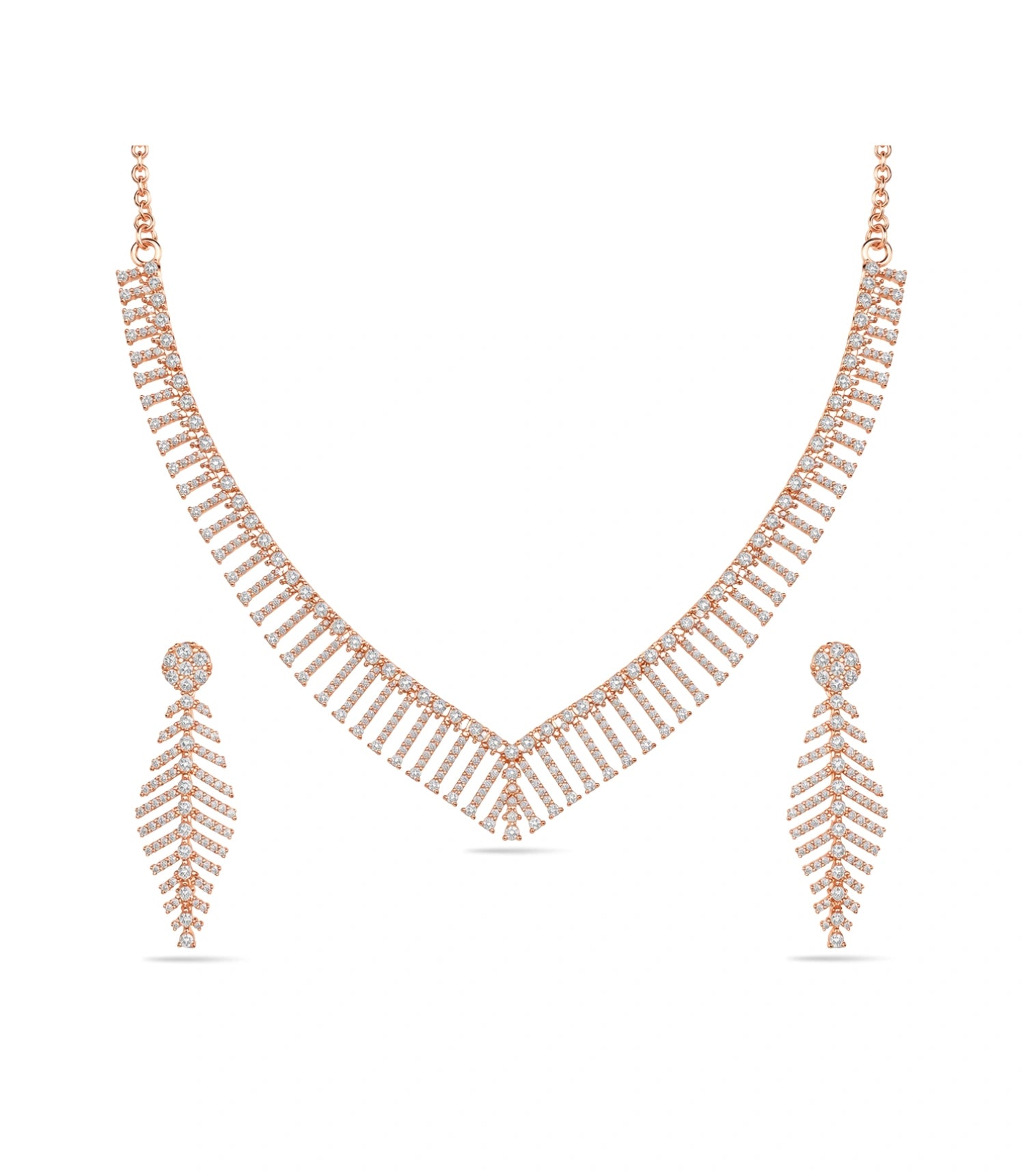 Rose Gold Plated Chevron Feather AD Necklace Set