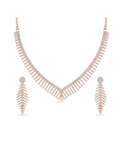 Rose Gold Plated Chevron Feather AD Necklace Set