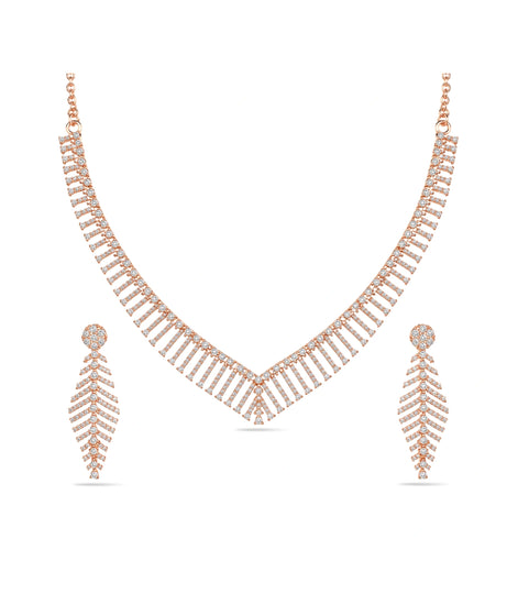 Rose Gold Plated Chevron Feather AD Necklace Set
