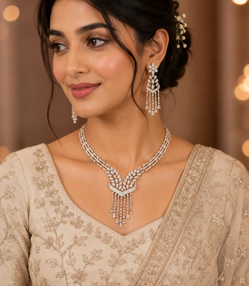 Rose Gold Plated Party Wear CZ Necklace Set