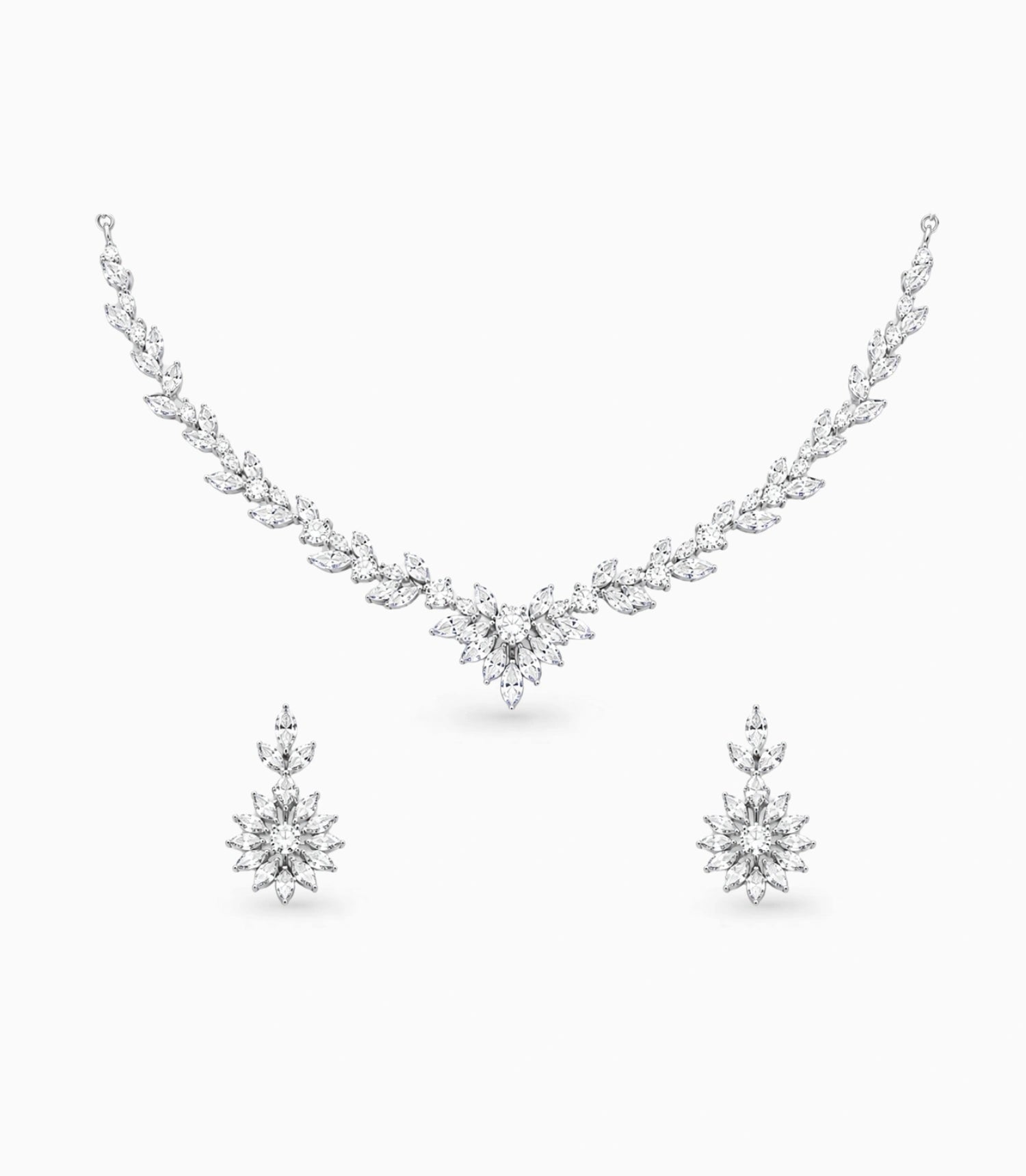 Rhodium Plated Frost Leaf CZ Necklace Set