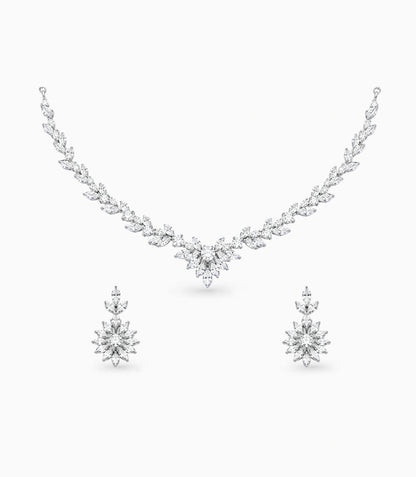 Rhodium Plated Frost Leaf CZ Necklace Set